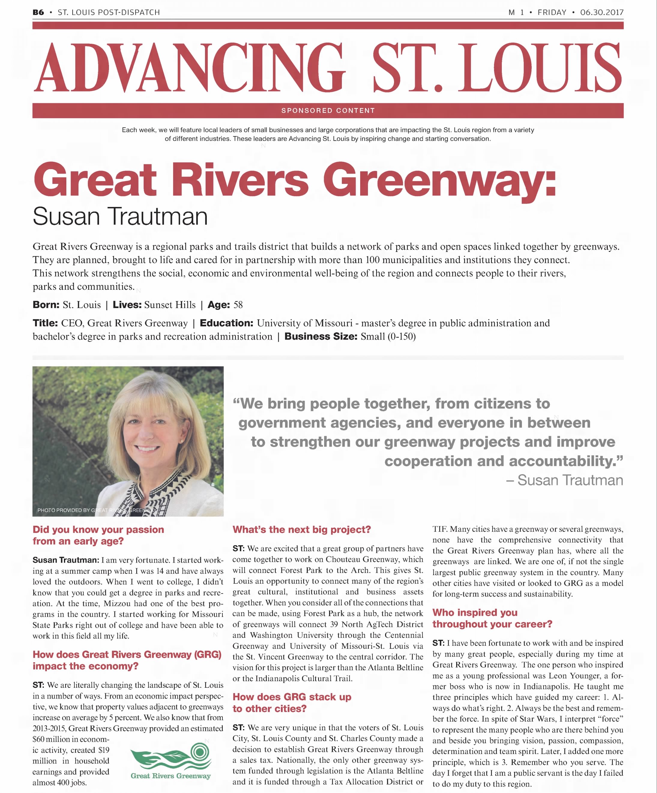 Great Rivers Greenway: Susan Trautman
https://www.newspapers.com/image/315216078/