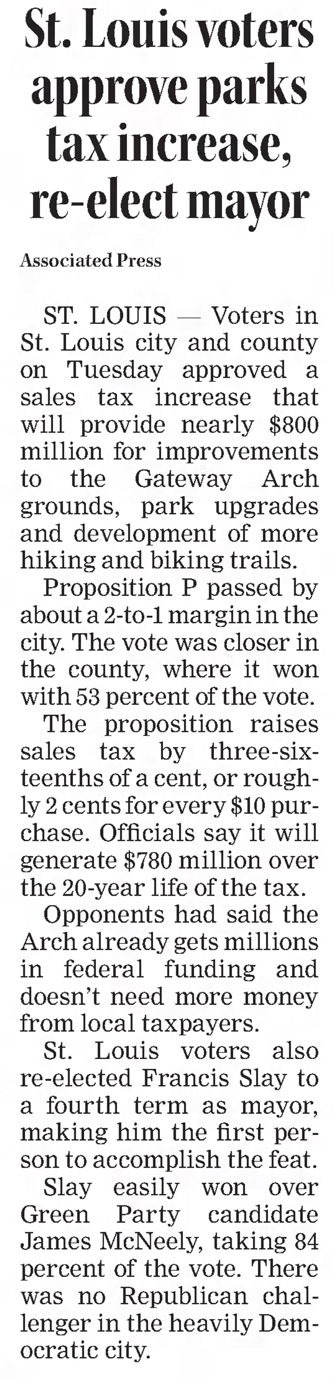 St. Louis voters approve parks tax increase, re-elect mayor
https://www.newspapers.com/image/589360646/
