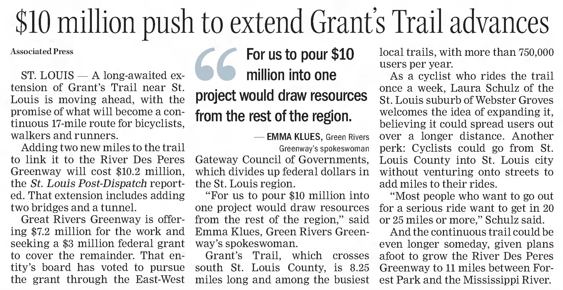 $10 million to push to extend Grant's Trail advances.

https://www.newspapers.com/image/590382346/ 