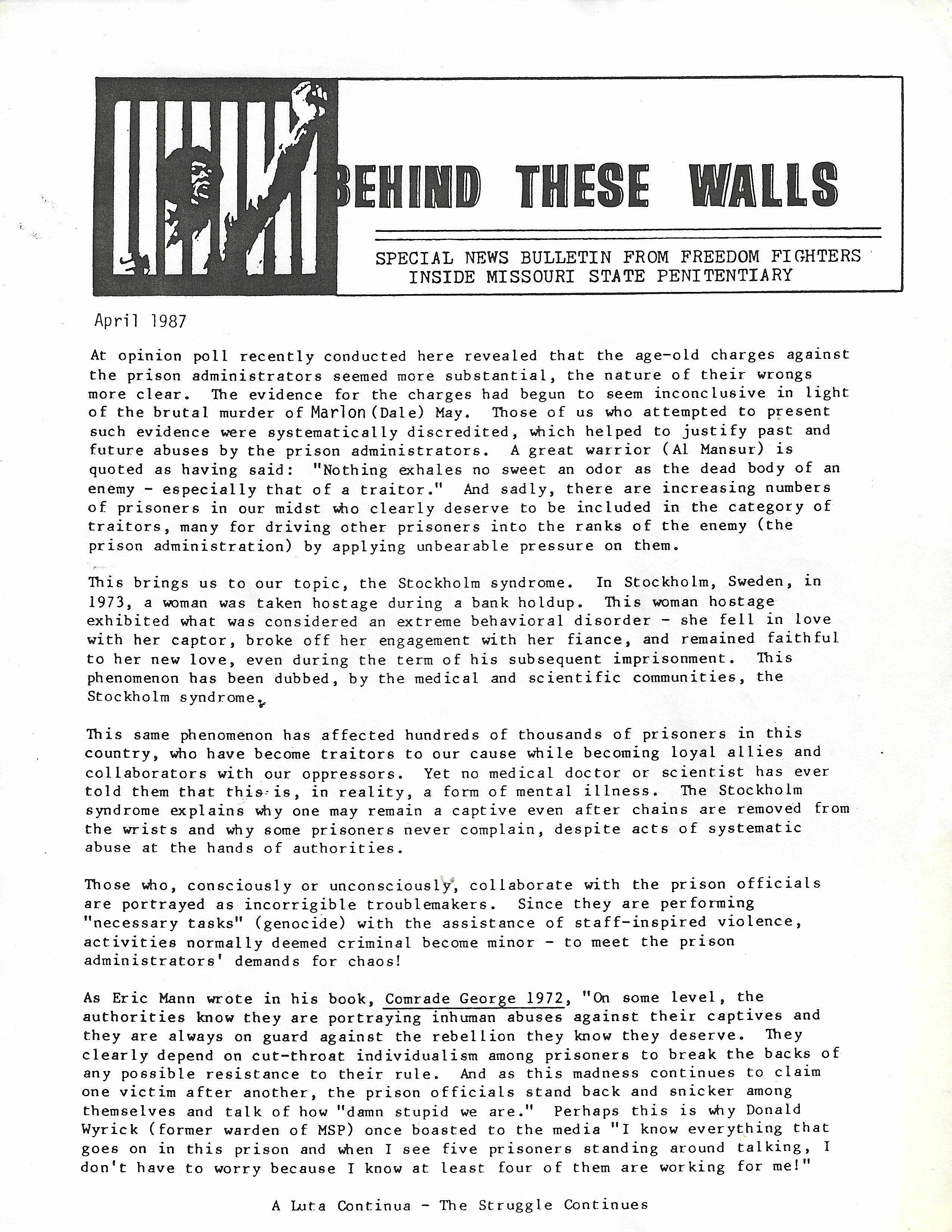 Behind These Walls News Bulletin, April 1987