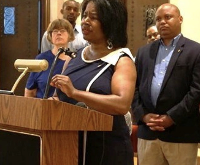 MO State Reps Karla May, Jeanette Mott-Oxford and community leaders shared their concerns about the Attorney General's dismal report on racial profiling at a press conference (2019).